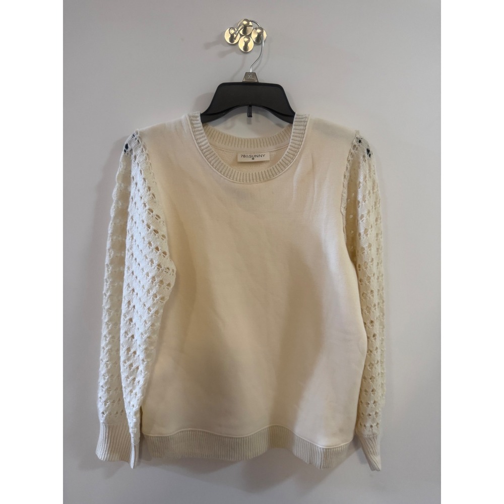 78&SUNNY Cream Sweatshirt Crochet Eyelet Lace Balloon Sleeve Pullover Ivory M